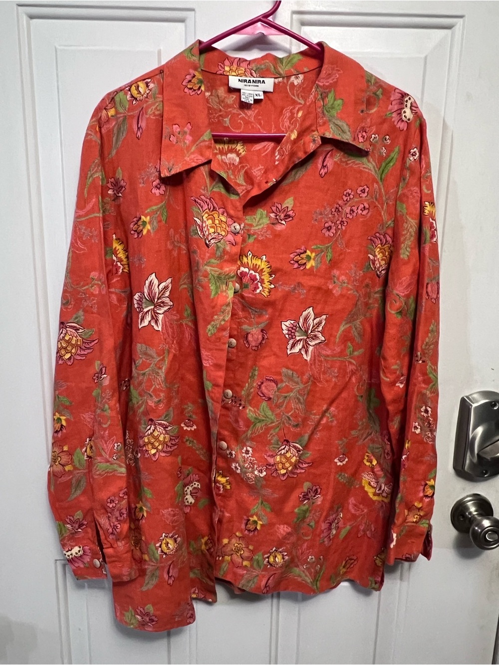 Nira Nira New York 100% Linen Floral Jacket XL Rust Coral Made USA